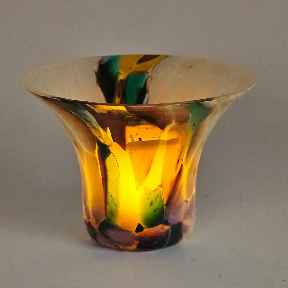 Hand Blown Art Glass Votive Holder Iridescent Decor